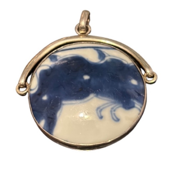 Rare 925 Sterling Silver - Vintage Chinese Ceramic Art Round Drop Pendant - Picture 2 of 5